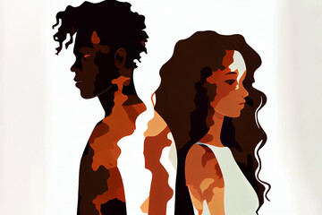 cartoon style illustration of two person with vitiligo skin on white background , love yourself and body positive concept . ai