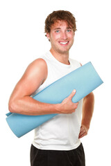 Wall Mural - Fitness man holding yoga training mat. Young muscular sporty man isolated cutout PNG on transparent background.