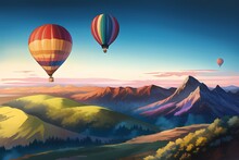Hot Air Balloons Floating On Top Of Beautiful Mountains Generative AI Illustration