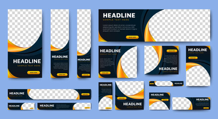 yellow and black web banners templates, standard sizes with space for photo, modern design