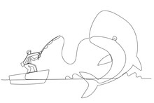 Drawing Of Businessman Get Big Fish Whale Concept Of Catching Big Profit. Single Continuous Line Art Style