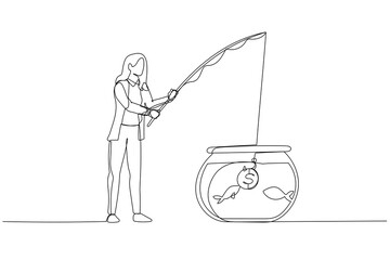 Wall Mural - Cartoon of businesswoman try to hook and catch with coin bait. One line art style