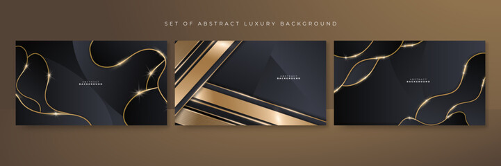 Set fo abstract luxury black background with gold line and wave curve shapes. Vector illustration