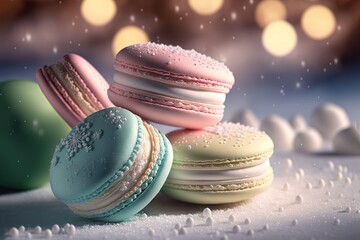 illustration of close up pastel color macaroon with snow fall on snow ground with bokeh light background