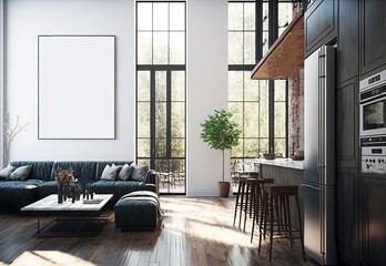 illustration of mock-up wall decor frame is hanging in cozy minimalism living room with comfort sofa, big glass window, 