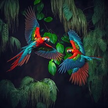 Hybrid Parrots In Forest. Macaw Parrot Flying In Dark Green Vegetation. Rare Form Ara Macao X Ara Ambigua, In Tropical Forest, Costa Rica. Wildlife Scene From Tropical Nature. Red Bird In Fly, Jungle