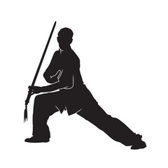 Wall Mural - Vector silhouette of martial arts kung fu man standing and use sword to perform. Shaolin master illustration on white.