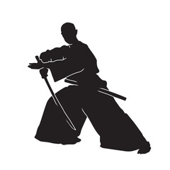 Wall Mural - Vector silhouette of martial arts kung fu man standing and use sword to perform. Shaolin master illustration on white.