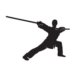 Wall Mural - Vector silhouette of martial arts kung fu man standing and use sword to perform. Shaolin master illustration on white.