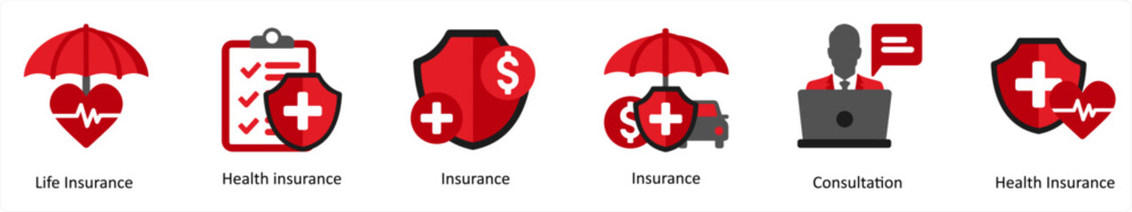 Sticker - Six insurance icons in red and black as life insurance, health insurance, insurance