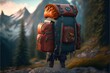 Dof with huge backpack in the mountains, created with Generative AI technology