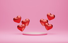 Red Heart Shaped Balloons Floating On Pink Background Podium For Valentine