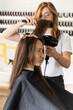 © Виктория Попова - The hairdresser dries the client's hair with a hair dryer and styles her hair with a comb.