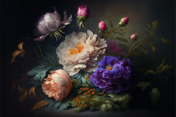 Oil Painting of Flowers macro Generated AI 