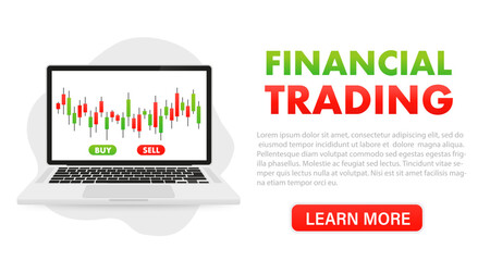 Poster - Finance trading Japanese candlestick on laptop stock chart or cryptocurrency. Digital banking, cryptocurrency and blockchain fintech, investments, personal finance technologies. Vector illustration