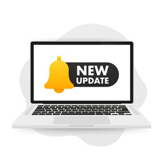 Poster - Round label with text, new update. New update with bell. Modern notification banner. Announcement of a new update on the laptop. Vector illustration