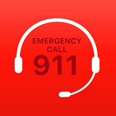 Poster - Flat illustration with red emergency call for design concept. Call icon vector. Hotline concept. Call 911, emergency call concept, call center help. Vector illustration