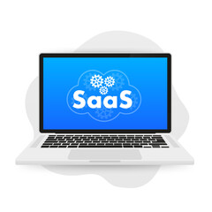 Poster - Saas icon with cloud, SAAS cloud computing. Software as a service for Internet storage on a laptop. Digital web server and data center services logo. Vector illustration