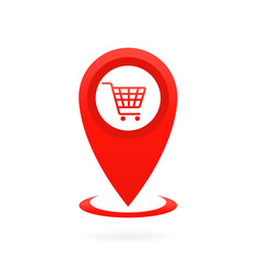 Poster - Place of purchase, shopping cart with pin. store location logo. Pin location pointer. On a white isolated background. Vector illustration