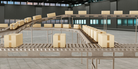 Poster - warehouse conveyor. cardboard boxes move on rollers. conveyor inside storage company. automated ware