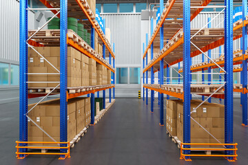 Poster - Warehouse hangar from inside. Storage space inside factory. Shelves with boxes in plant building. Manufactory warehouse with metal shelves. Multi-tiered shelving on concrete floor. 3d rendering.