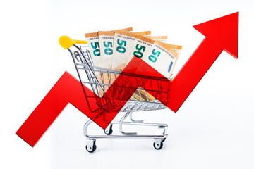 Poster - Growth chart and euro money. Miniature cart from supermarket with European money. Red up arrow isolated on white. Metaphor for increased spending on groceries. Inflation in European Union. 3d image.