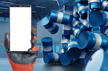 Poster - Phone near falling barrels. Hand with smart phone with white screen. Concept of problems in fuel industry. Place for inscription on smart phone display. Hangar with falling barrels