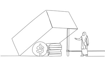 Wall Mural - Cartoon of muslim business woman trying to reach dollar profit in the trap metaphor of business risk. Single line art style