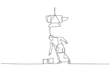 Wall Mural - Drawing of muslim business woman almost crushed by anvil money trap. Single continuous line art style