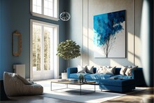 A Modern Living Room,  In A Minimalist Millenium Crib, High Ceiling And Filled With Warm Blue And Khaki Colour As The Wall Blend In With The Design Of The Furniture. 