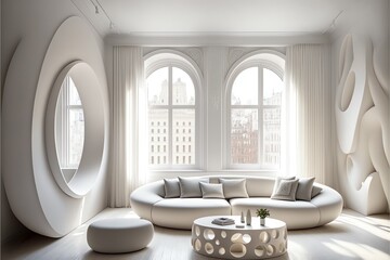 Aesthetic sculptural minimal white modern living room with light wood floors, tall windows, and minimal round sculptural furniture