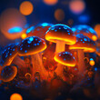 macro of mushrooms illuminated with bokeh. generative ai