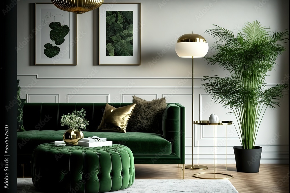Luxury living room in house with modern interior design, green velvet ...