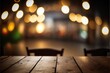 © Create image - Empty wooden table top with lights bokeh on blur restaurant background. Generative AI