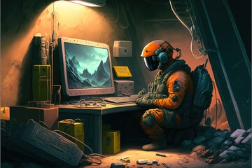digital illustration of underground base of hero working station office with equipment repair tool armor suit and weapon vehicle. Generative AI