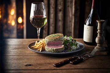Wall Mural - Traditional restaurant atmosphere with tuna tataki and burger with chips in the background on rustic wooden table and glass of white wine. Generative AI