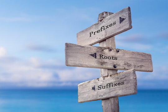 Wall Mural - prefixes roots suffixes text quote on wooden signpost crossroad by the sea