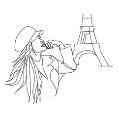 Paris Skyline one line.Tower One Line Drawing. Minimalist Design, Illustration, Drawing, Isolated PNG and Vector with Transparent . Woman one line art.