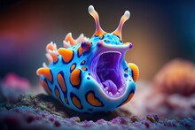 Funny Illustration Of Sea Creature Nudibranchs, Commonly Known As Sea Slug, It Is Freak Out And Screaming , Funny, Fun,