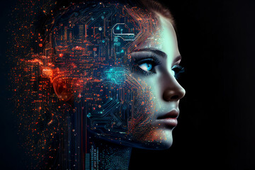 Neural network of big data and artificial intelligence circuit board in the head and face of a blue woman outlining concepts of a digital brain, computer Generative AI stock illustration image