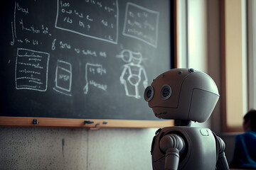 Wall Mural - Humanoid education robot teacher in front of a school classroom chalkboard teaching pupils about  science and artificial intelligence technology, computer Generative AI stock illustration image