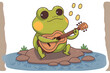 Cartoon Frog Playing Guitar In Simple Childish Style, Flat Bright Color Sticker, On White Background. Generative AI