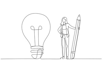 Wall Mural - Cartoon of businesswoman use pencil to connect the dots and create the idea bulb concept of business understanding. Single line art style