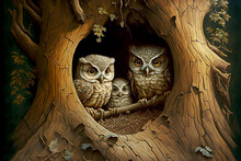 Baby Owls Peeking Out Of A Hole In A Tree. Generative AI	