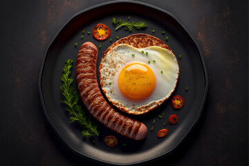 Wall Mural - Fried egg and Grilled Bavarian sausage in black plate, top view. Generative AI