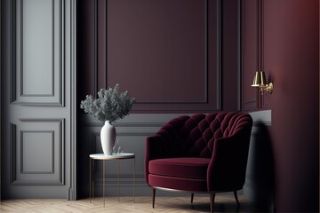 Wall Mural - A room reception or living hall with an armchair. Deep burgundy marsala red color. Dark wine velvet maroon and light floor. Generative AI