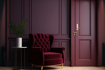 Wall Mural - A room reception or living hall with an armchair. Deep burgundy marsala red color. Dark wine velvet maroon and light floor. Generative AI