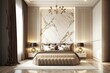 Leinwandbild Motiv Luxurious large bedroom with marble slabs and a bed in the center. Delicate beige colors - ivory, milk, brown, taupe. Generative AI