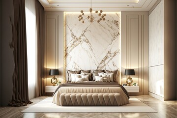 Luxurious large bedroom with marble slabs and a bed in the center. Delicate beige colors - ivory, milk, brown, taupe. Generative AI