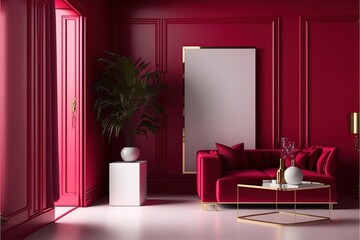 Wall Mural - Viva magenta is a trend colour in the luxury living lounge. Painted mockup wall for art - crimson red burgundy colour. Blank modern room design interior home. Generative AI